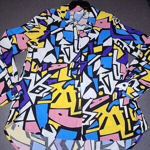Livrania NWT Women's Sz M Retro Pop Art Print Shirt Button Front Long Back
